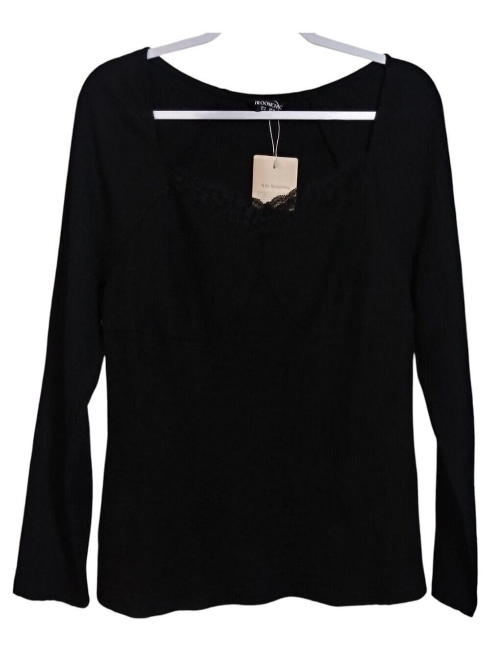 Bloomchic Black Stretchy Textured Lace Trim Fitted Knit Top Size 10